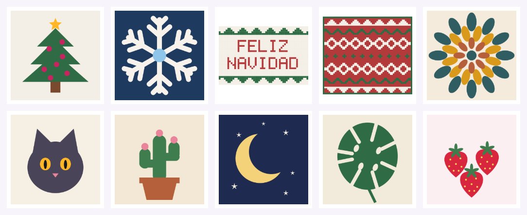 Diez diseños de la biblioteca: árbol de Navidad, copo de nieve, cartel Feliz Navidad, jersey navideño, mandala, gato, cactus, luna, hoja de monstera y fresas